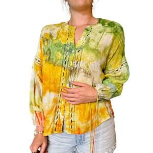 Hand Dyed Green Yellow Cotton Gauze Blouse Boho Open Work Festival